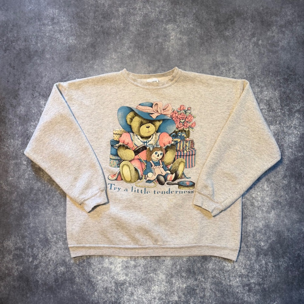 Vintage Granny Cottage Teddy Bear Raggedy Ann Sweatshirt XL Grey USA Made